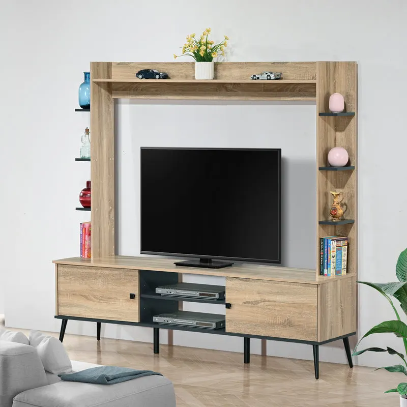 Mobilier TV cu functie de depozitare Zezan, Lemn/metal, Sonoma-Gri închis, 182x40x162 cm - Stejar