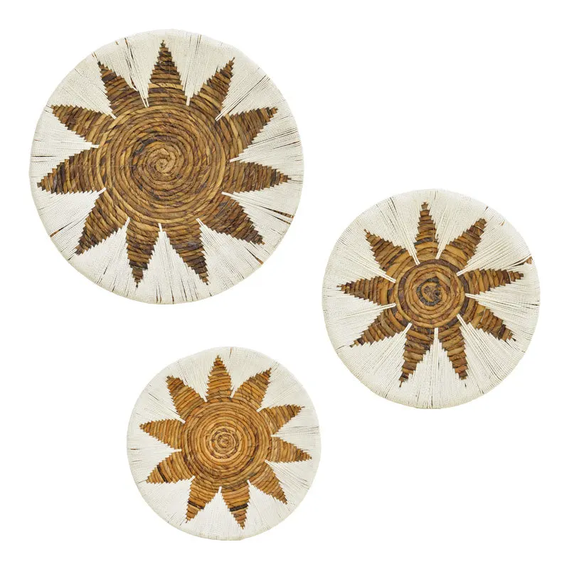 Set Decorativ Perete Cu Cercuri Wicker, Rattan Alb-Bej, Variate, 3 Piese, 50x50x8 cm - Alb