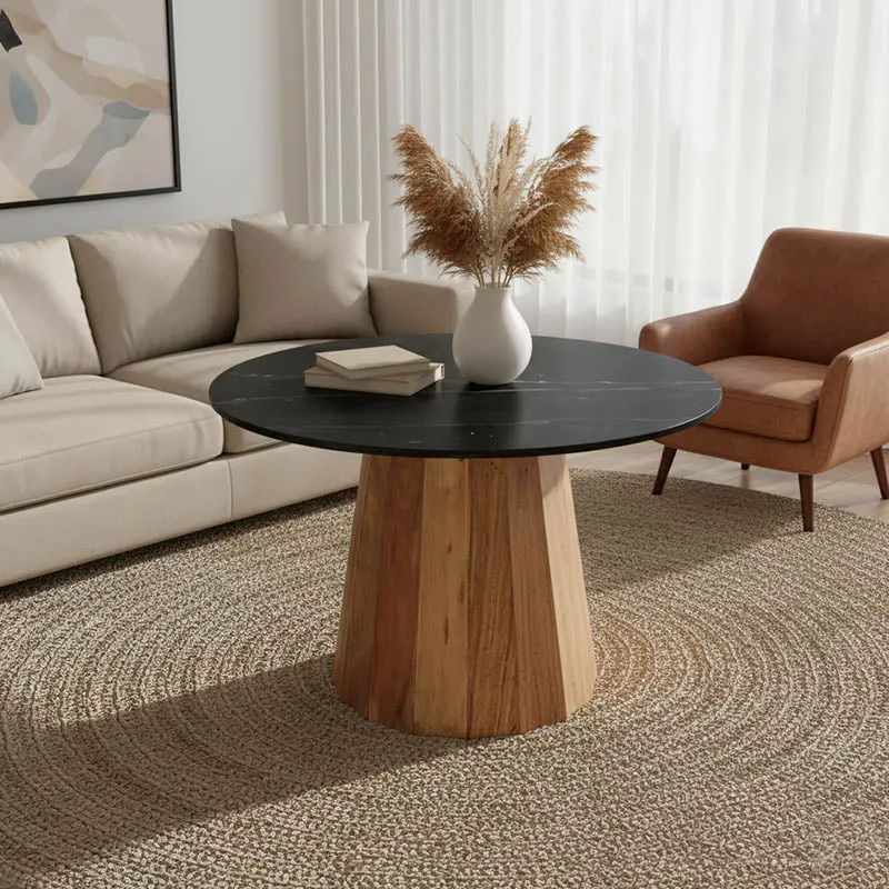 Masa rotunda cu blat din marmura negru Ezerdian, Lemn Acacia și Marmura, D120x76 cm - Natur