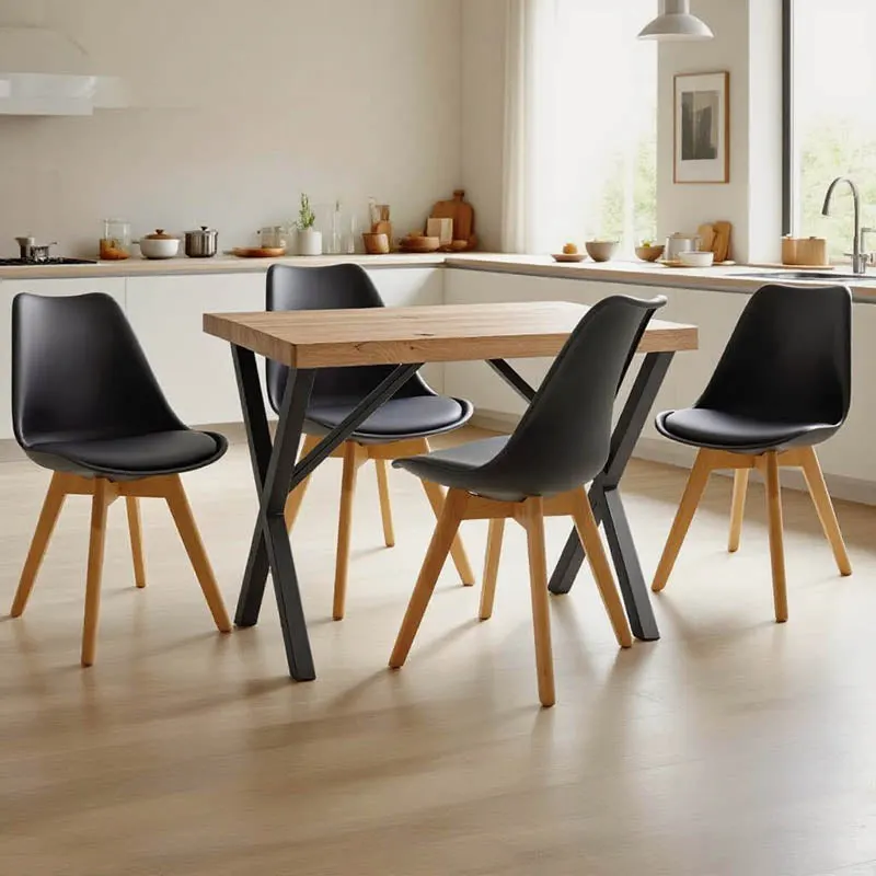 Set de Mobilier pentru sufragerie cu Funcție Pliabilă Gaston/Zeryin, Lemn Masiv/Metal, 110x70x75 cm, Negru/Natural, 5 Piese - Multicolor