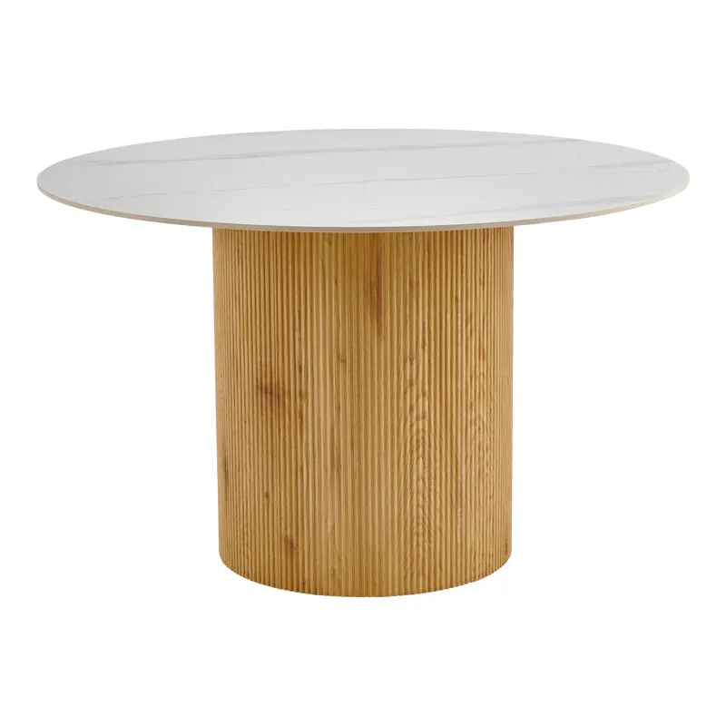 Masă de sufragerie Sikulu, Aspect travertin, Bej - Stejar, D125x77 cm - Stejar