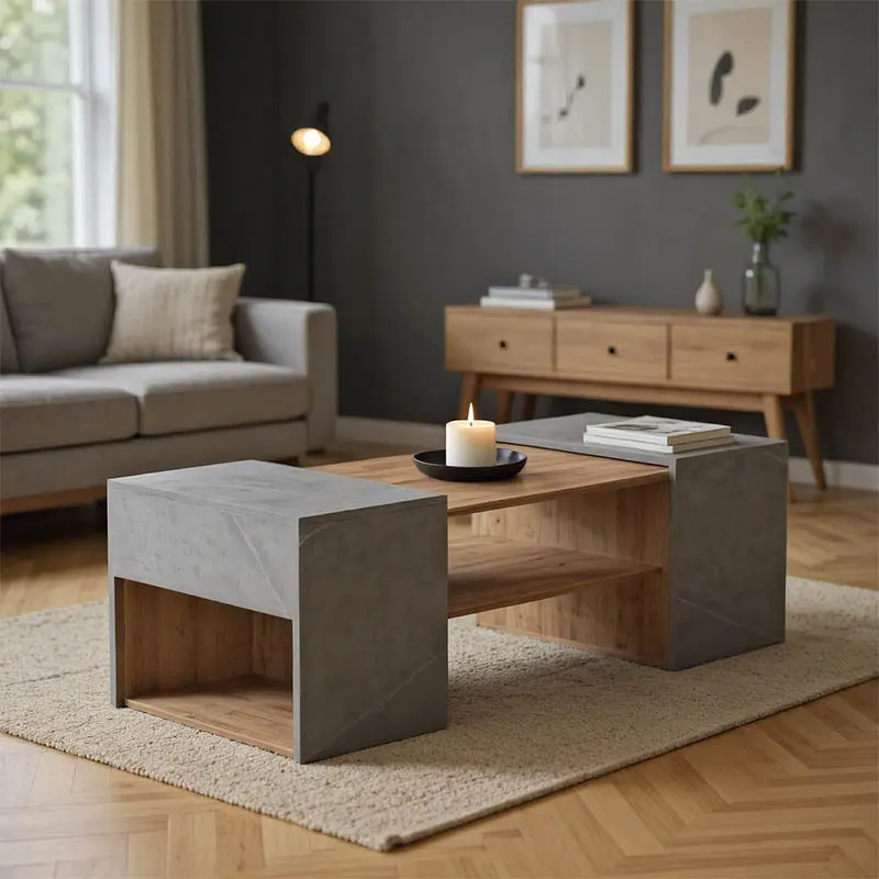 Masa de cafea polimorfa Morfi, 3 bucati, de marmura stejar-bej, 105x45x37 cm - Stejar