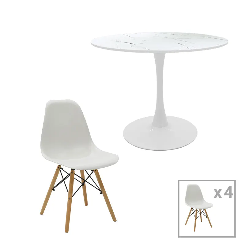 Set de Masa de 5 piese Julita-Balou I -mdf, marmurei, albe, D120x75 cm - Alb