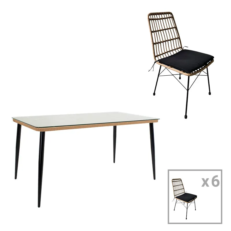 Set de 7 buc masa si scaune de gradina Naoki U ratan Natural si metal, negru, 160x90x78 cm - Natur