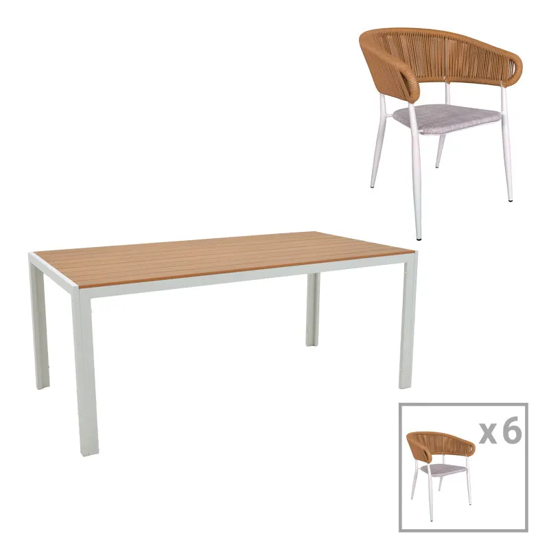 Set de 7 buc masa si scaune de gradina Nares-Raven B aluminiu alb si placaj, Natural, 180x90x72 cm - Alb