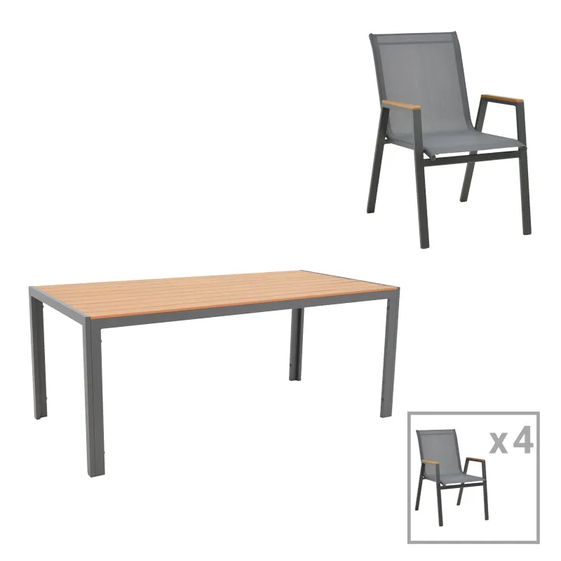 Masa de sufragerie Nares-Azelie set 5 antracit aluminiu si placaj, Natural, 180x90x72 cm - Antracit