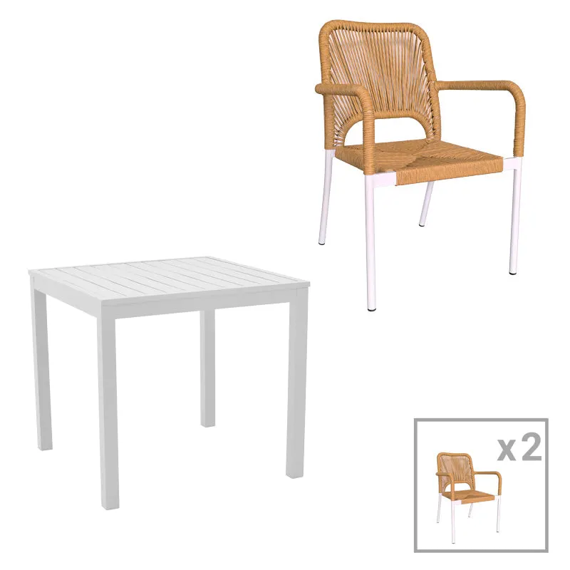 Set de 3 buc masa si scaune de gradina Kliton-Norture aluminiu, alb, 80x80x74 cm - Alb