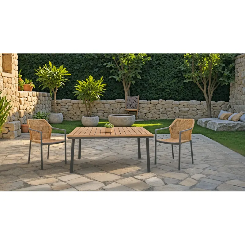 Masa de gradina Griffith aluminiu si placaj, negru si Natural, 160x80x74 cm - Maro