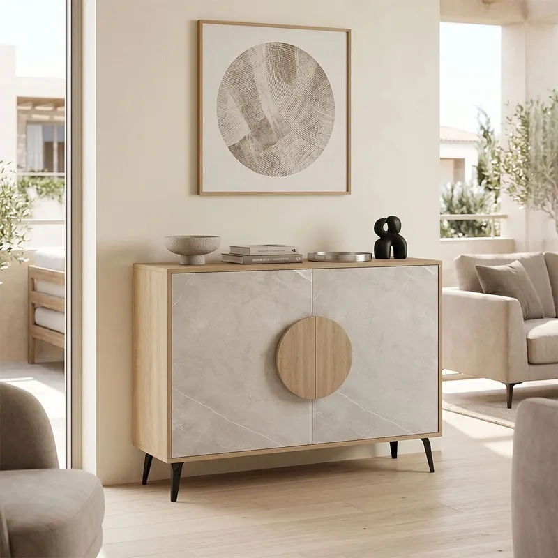 Consola Bufet Gora, Pal melaminat, 110x36x82 cm - Sonoma-Marmura Bej