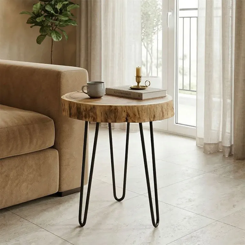 Tripp I Măsuță laterală solid acacia lemn Natural-picioare metalice negre D41χ45cm, 41x41x45 cm - NATURAL