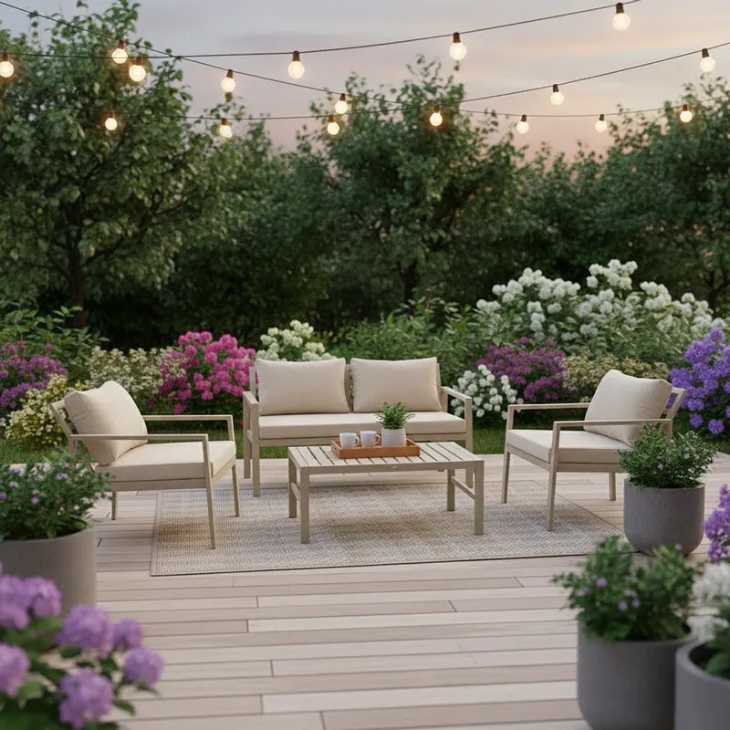 Set lounge grădină cu funcție modulară Gardenly, Aluminiu, 4 piese, Cappuccino cu perne, beige, 141x69x72 cm - Bej