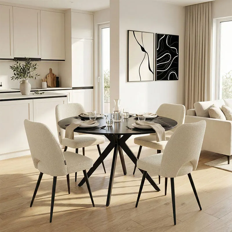 Set mobilier de sufragerie cu Scaune Albe Renish și Masă Neagră Orbital, Metal și Lemn, 120x76 cm - Multicolor