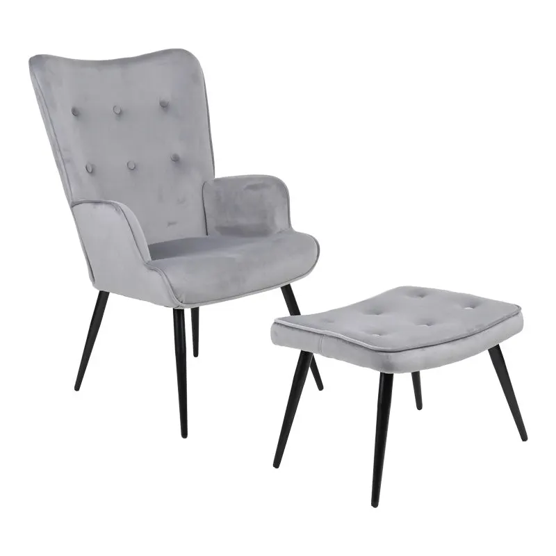 Fotoliu cu taburet Siella, catifea gri, picioare metal, negru, 59x67x94 cm - Negru