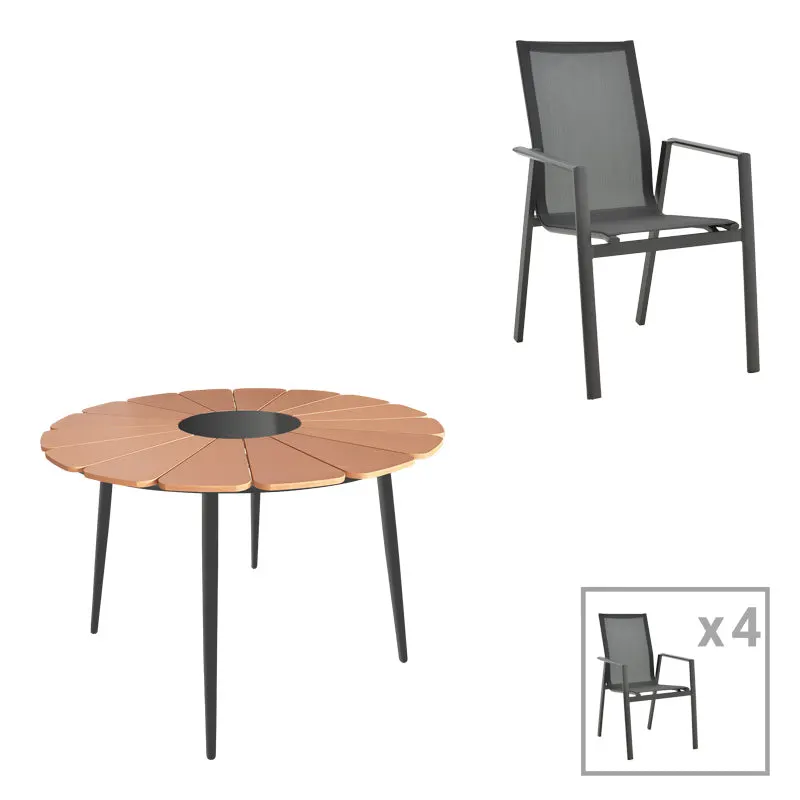 Set masa si scaune Pinap-Dashiell, 5 piese, D110x74 cm - Negru-Natural