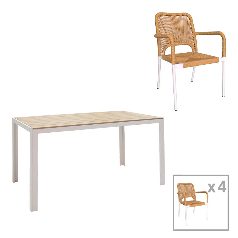 Set de 5 buc masa si scaune de gradina Nares-Norture aluminiu alb si placaj, Natural, 140x80x72 cm - Alb
