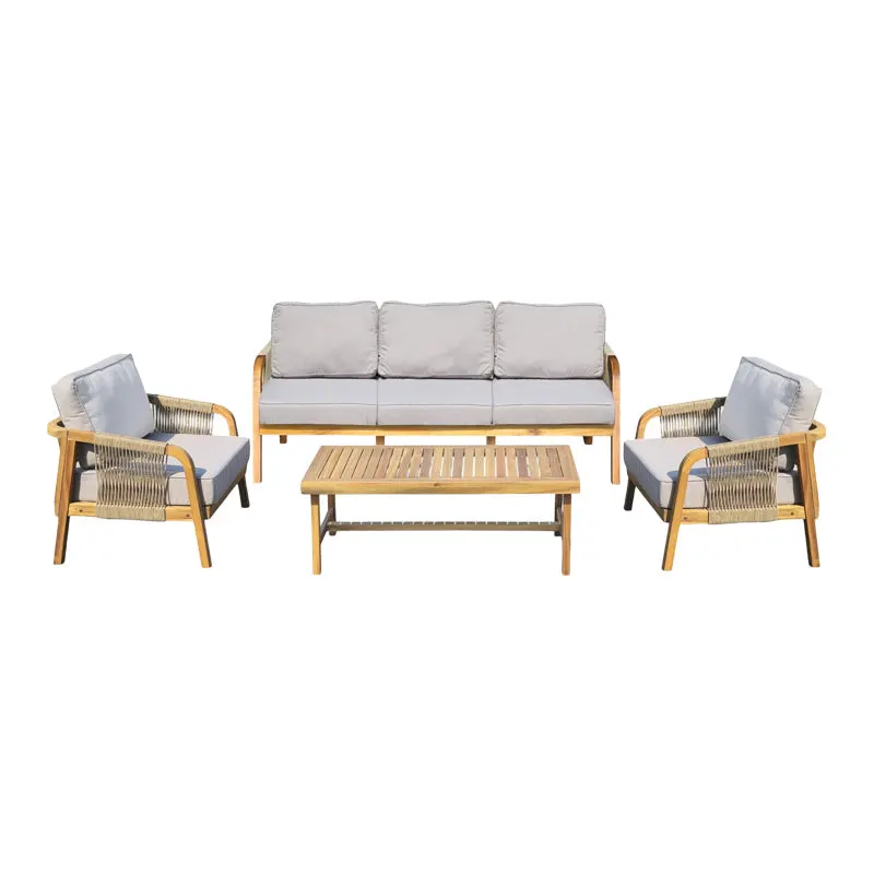 Set mobilier de exterior Malibu III, cu funcție relaxare, Lemn de acacia și frânghie, generoase, Include perne, bej, 188x76x65 cm - Natur