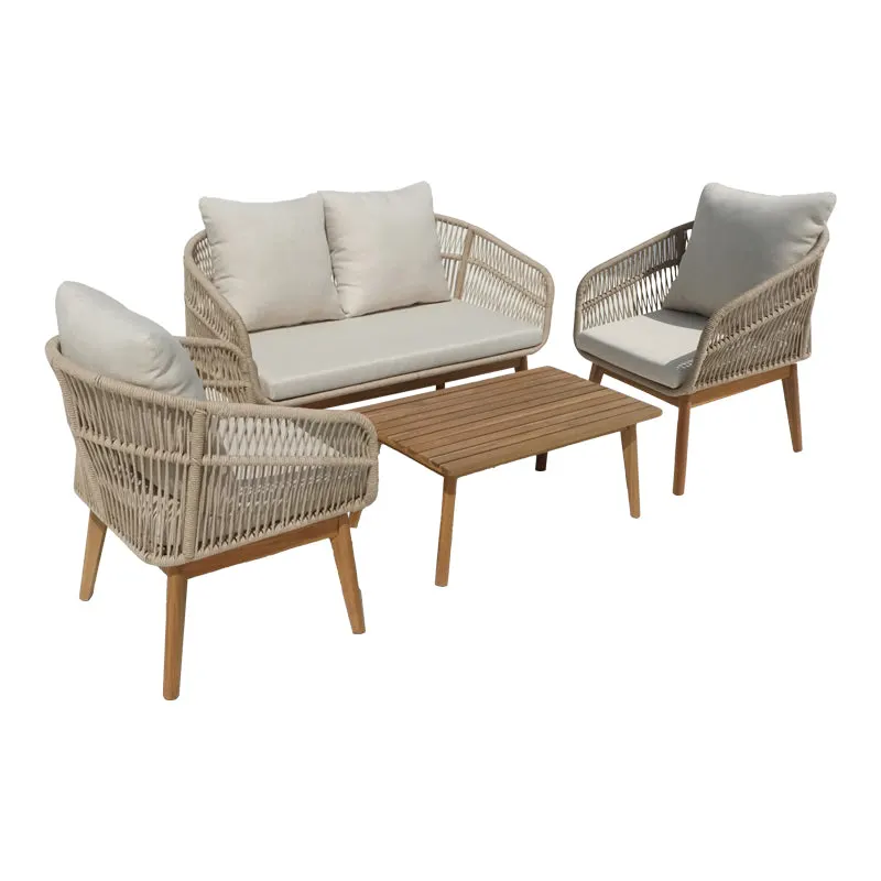 Set mobilier de exterior cu funcție de relaxare Macrena, lemn masiv de acacia și șnur, include perne, bej, 130x72x78 cm - Natur