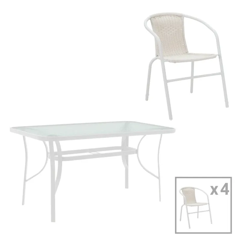 Masă de sufragerie cu scaune set 5 piese Obbi-Ensure, metal-Sticla, Alb, 120x70x70 cm - Alb