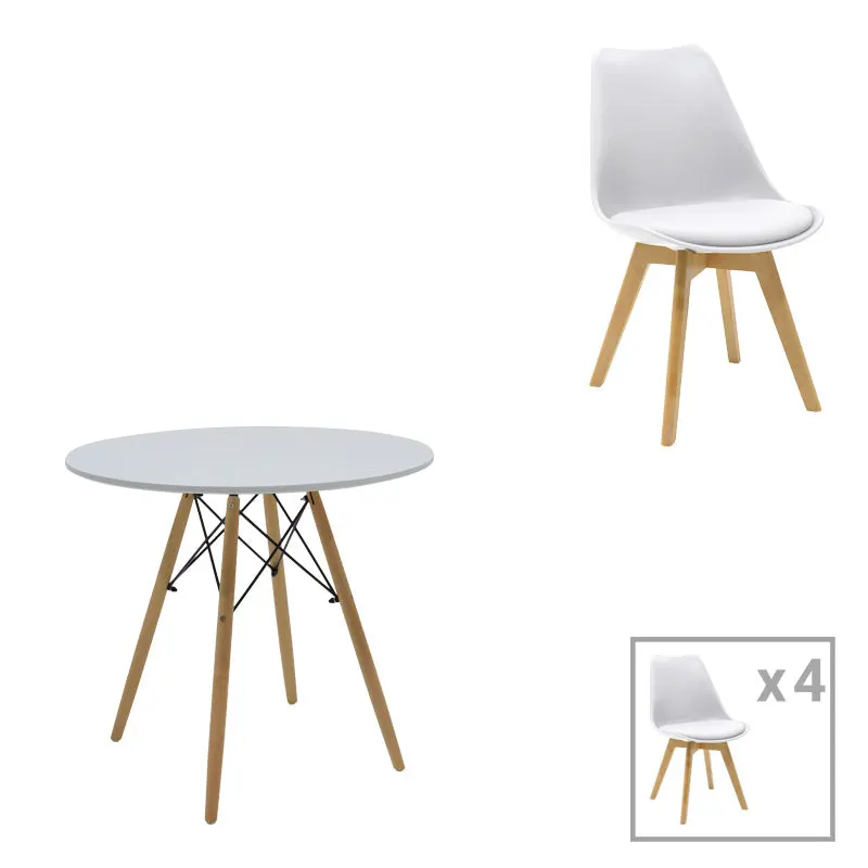 Set de sufragerie Julita-Gaston, cu 5 piese, și lemn de fag, alb-natur, 80x73 cm - Alb