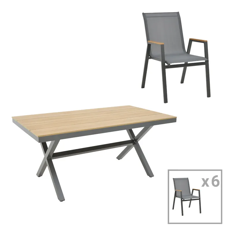 Set masa Thorio-Azelie 7 antracit aluminiu si placaj, Natural, 160x90x75 cm - Antracit