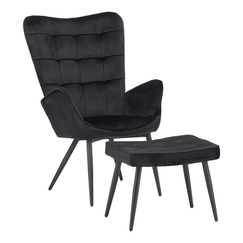 Fotoliu cu taburet Dorita catifea, neagra, 68x76x103 cm - Negru