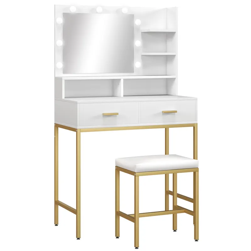 HOMCOM Masă de Machiaj cu Oglindă LED, Scaun și Rafturi, 80x40x138 cm, Alb