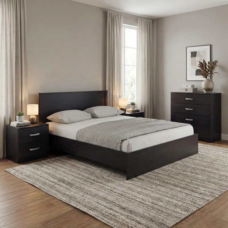 Set mobilier dormitor Athos, Set 4 piese, Pat, Lemn Wenge, 160x200 cm - Nuc