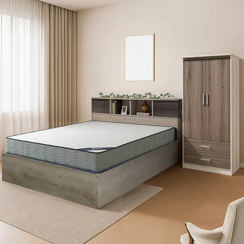 Set mobilă dormitor student Mellow, Lemn, Pat 140x200 cm, Noptieră 40x30x40 cm, Dulap, 80x50x180 cm - Maro