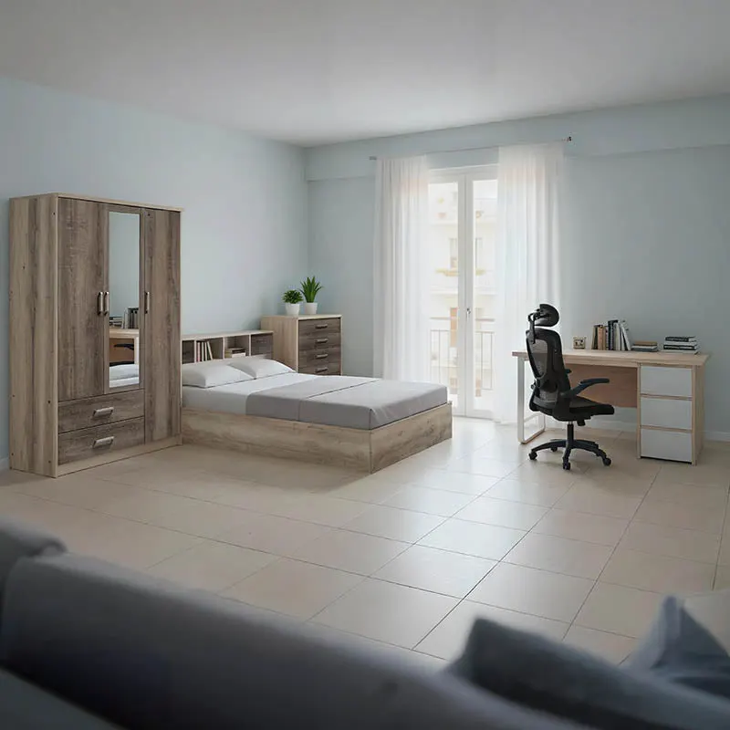 Set mobilier complet pentru studenti Intermission, lemn si metal, 5 piese cu scaun ergonomic, pat 90x200 cm + birou 120x60 cm + dulap 80x180 cm + noptiera 40x50 cm - Multicolor