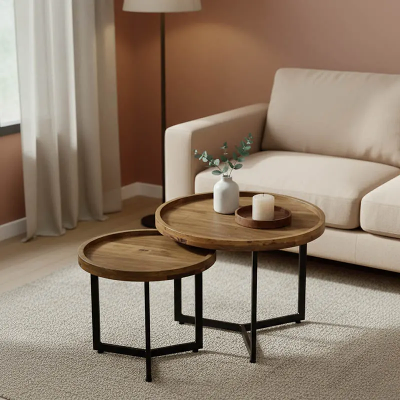 Set 2 mese de cafea Kelly, Lemn de Mango, variate, Naturală-Neagră, 50x50x40 cm - Natur