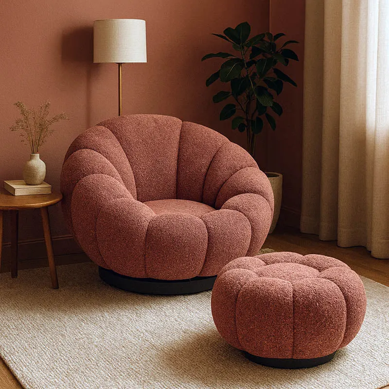 Fotoliu swivel cu taburet Nester, Boucle, Mar Putred, Roz, 98x97x69 cm - Roz