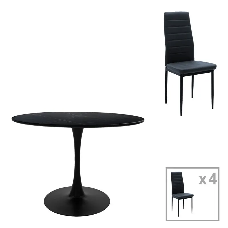 Masă de sufragerie cu scaune set 5 piese Balou-Parker, Negru-Antracit, Lemn/metal, 100x73 cm - Negru