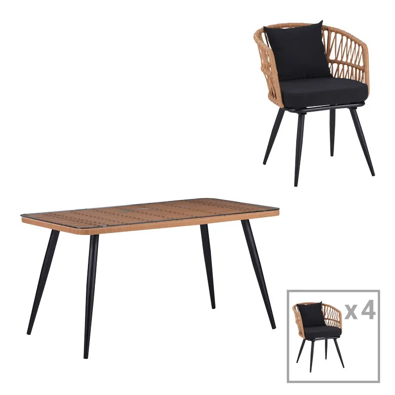 Set de Masa Naoki 5 piese din sticla-PE rattan Natural cu picioare, negre, 140x80x78 cm - Natur