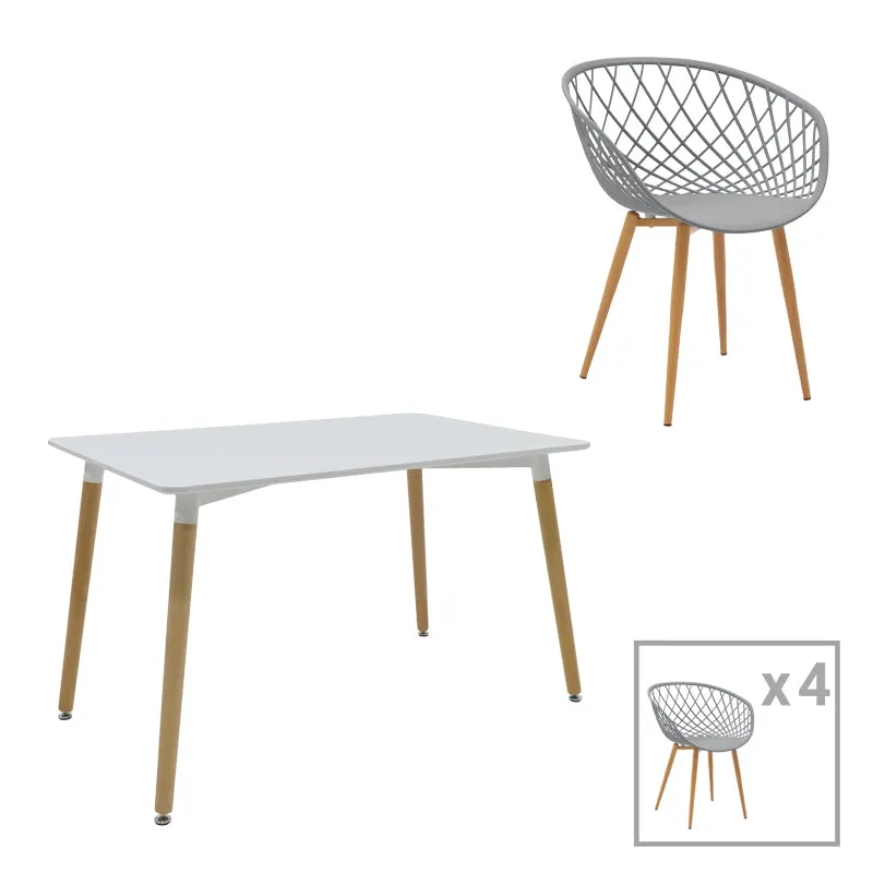 Set de 5 buc masa si scaune Ezra-Natali, Gri-alb cu picioare Naturale, 80x80x76 cm - Alb