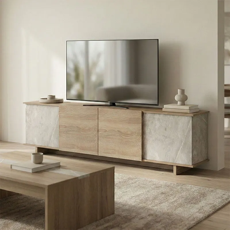 Dulap TV cu gri-bej Zafore, Lemn, 180x33x50 cm - Stejar