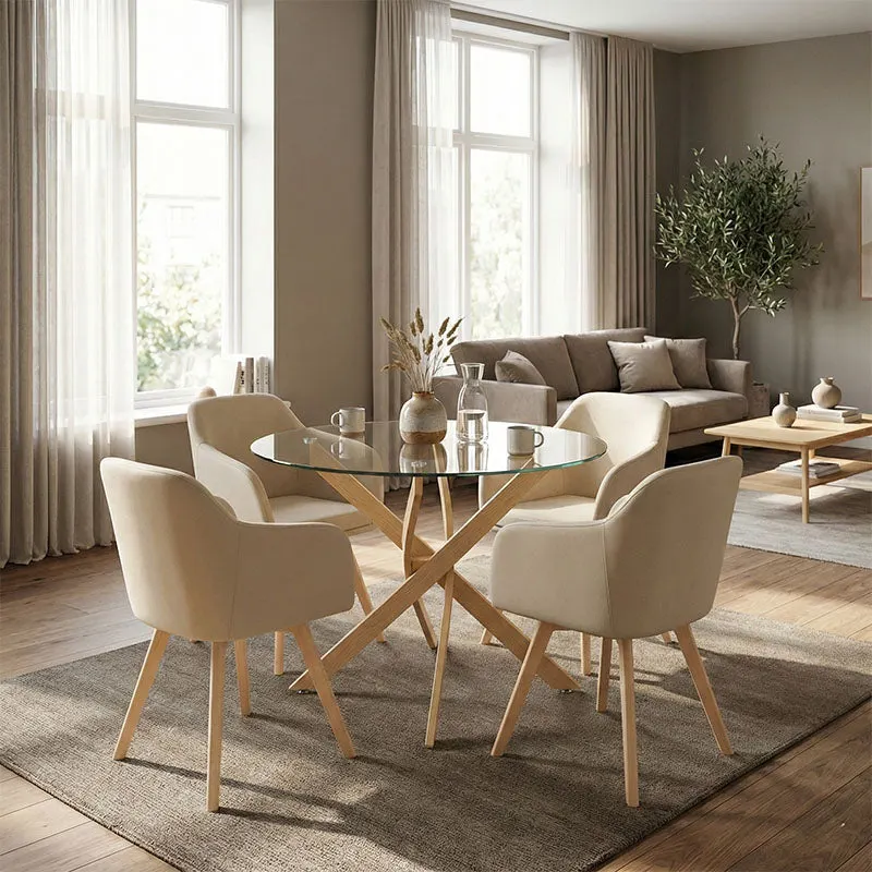 Set mobilier de sufragerie cu Scaune Brațe Safira Beige și Masă Sticlă Antoro, Sticlă/Metal, Masă:, Set 5 Piese, 100x75 cm - Multicolor