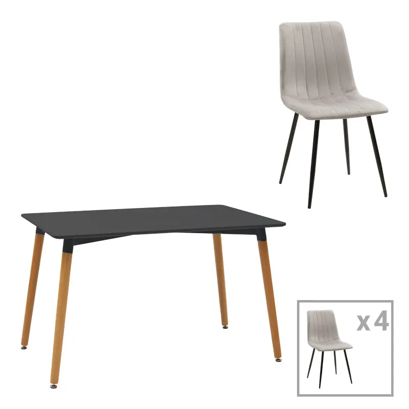 Set mobilier de masă Natali-Noor, lemn, negru-gri, picioare naturale, 120x80x76 cm - Gri