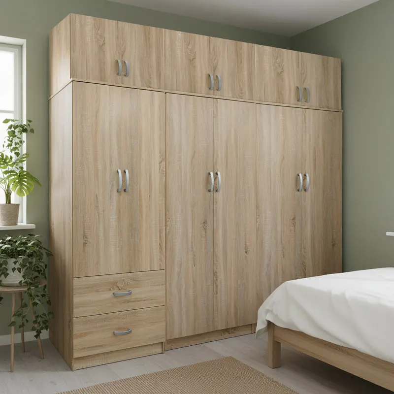 Dulap Athos I cu 6 usi si loft, 240x42x240 cm - Stejar