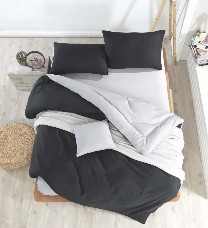 Set Lenjerie de pat double, Negru, 220 x 200 cm,65% Bumbac / 35% POLYESTER - Negru