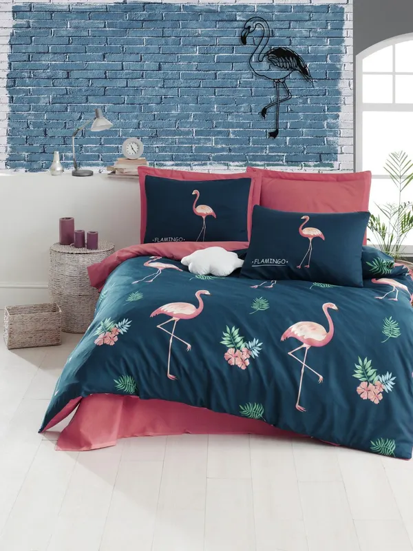 Set Lenjerie de pat double, Albastru inchis, 220x200 cm - Albastru