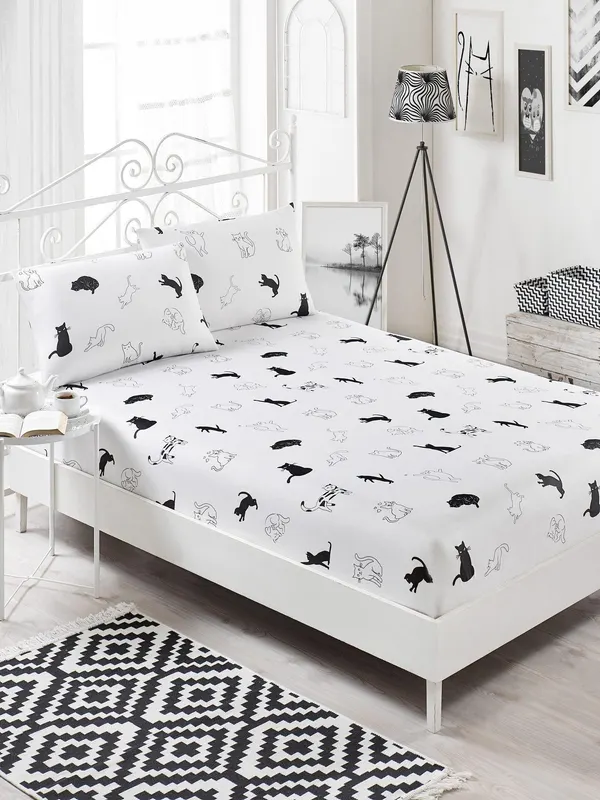 Set lenjerie de pat double, Negru, 200 x 160 cm,65% Bumbac / 35% POLYESTER - Negru