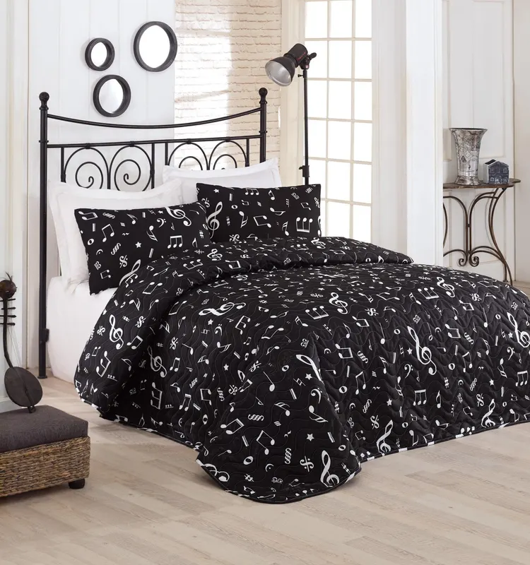 Set cuvertură matlasată de pat double, Negru, 220 x 200 cm - Negru