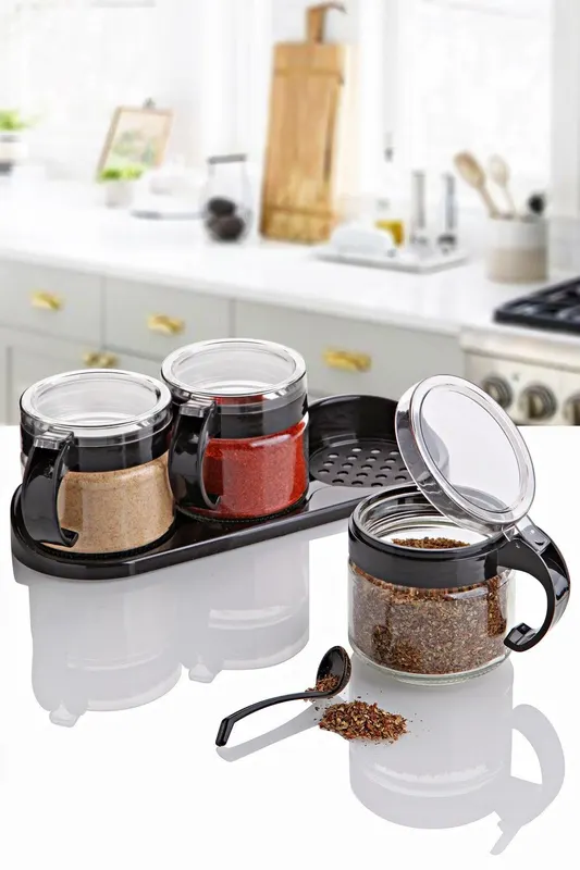 Set borcane de condimente , 28x10x3 cm - Negru