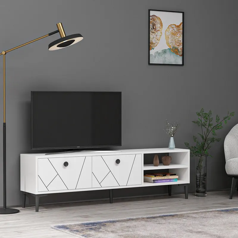 Comoda TV Shome cu 2 Usi si Rafturi, 150 x 45 x 30 cm - Alb