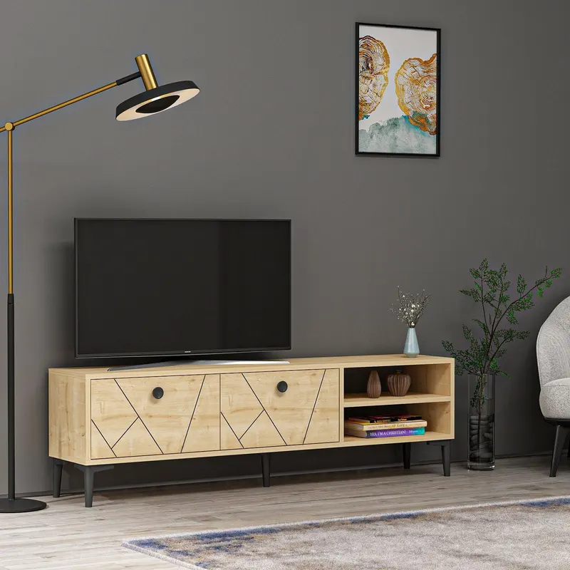 Comoda TV Shome cu 2 Usi si Rafturi, 150 x 45 x 30 cm - Stejar