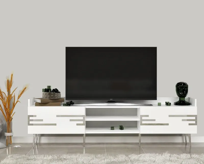 Comoda Tv Magda cu 2 Usi si 2 Rafturi, 184 X 30 X 53 Cm - Alb