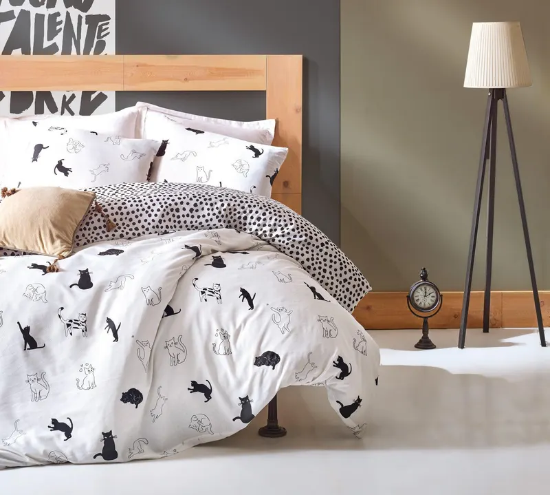 Set Lenjerie de pat double, Negru, 220 x 200 cm,65% Bumbac / 35% POLYESTER - Negru