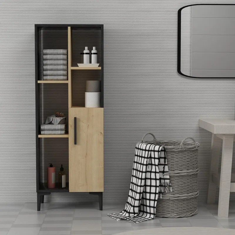 Dulap de Baie Jorge cu 5 Rafturi si Usa , 50 x 139 x 30 cm - Negru