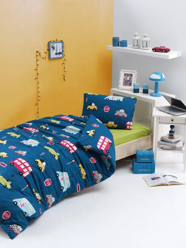 Set Lenjerie de pat double, Albastru, 220x160 cm - Albastru