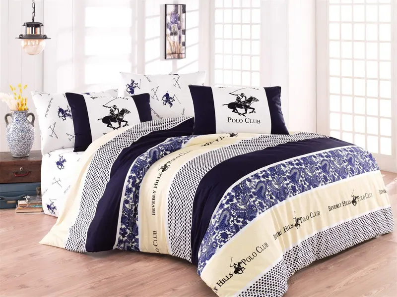 Set Lenjerie de pat double, Albastru, 220 x 160 cm,100% Bumbac Ranforce - Albastru